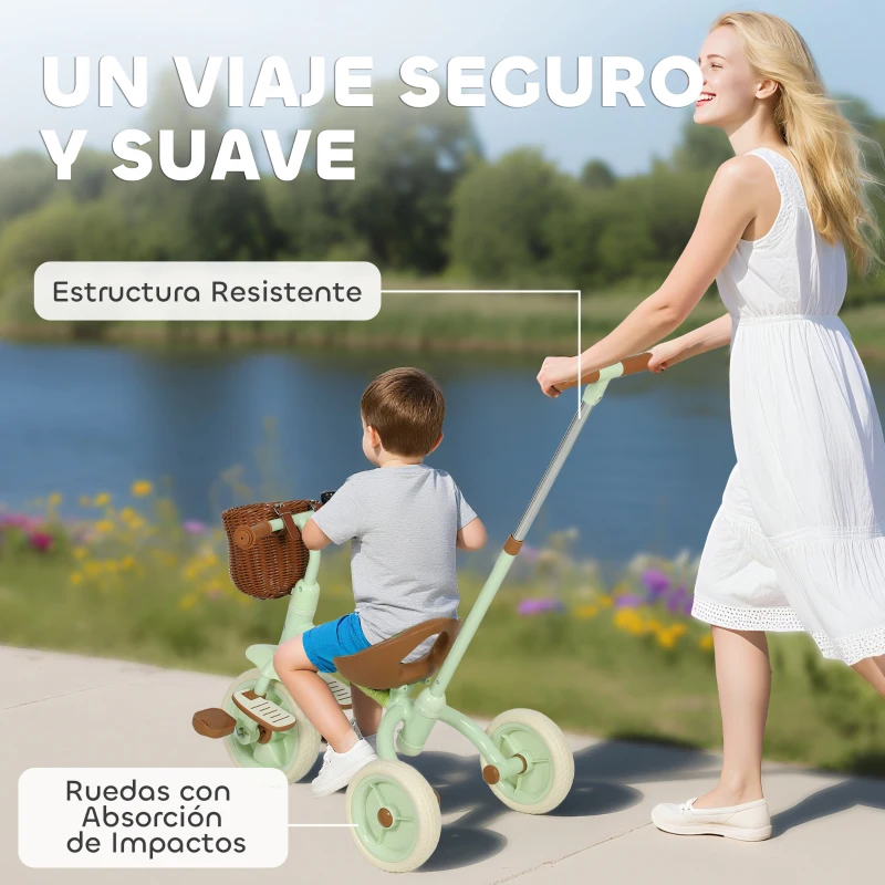 AIYAPLAY Triciclo para Bebés 2 en 1 para 2-5 Años con Barra Parental Pedales Antideslizantes, Reposapiés Plegables y Cesta Verde