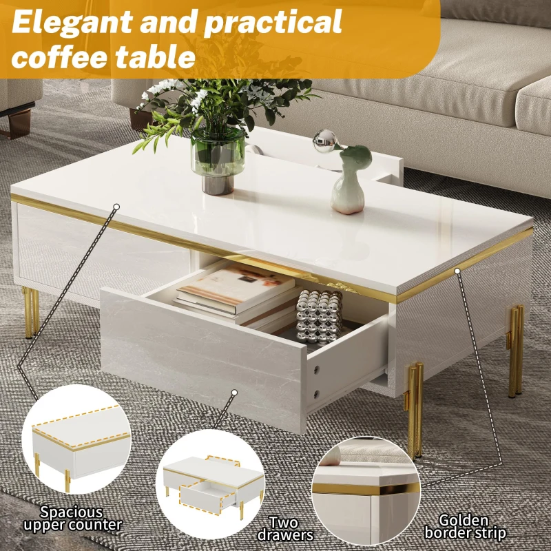 Spacious Coffee Table with 2 Hidden Drawers, Versatile Room Table for Italian-Style Rooms or Cream-Toned Spaces, 100L x 50W x 36H cm, White