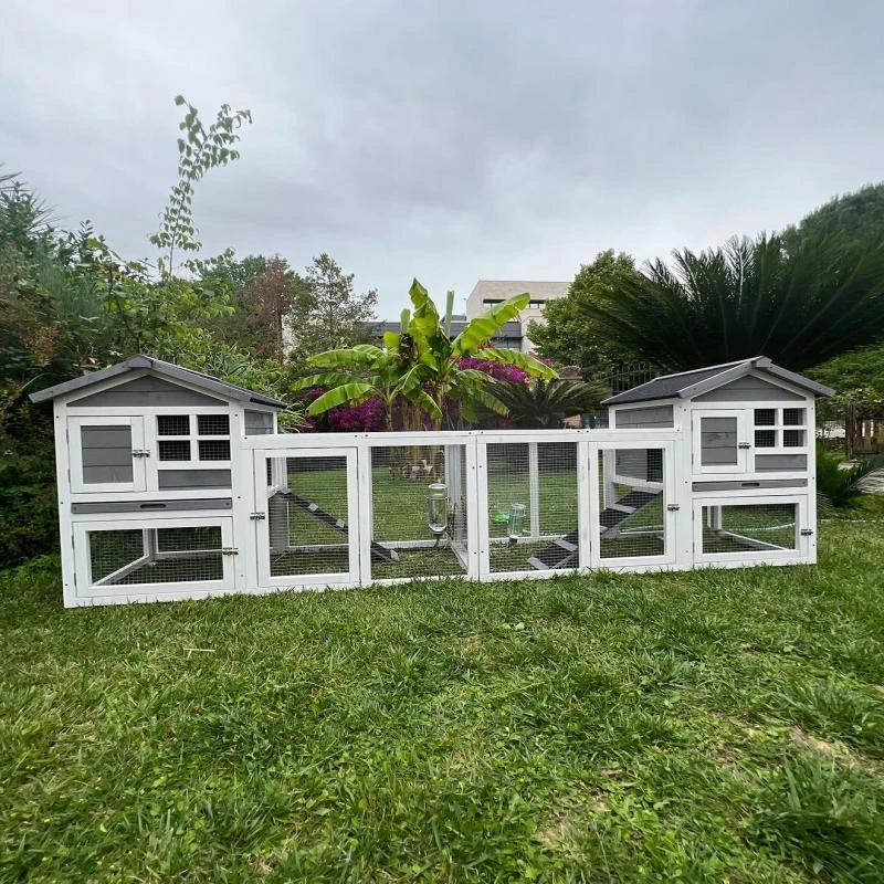 PawHut 2 in 1 Rabbit Hutch Outdoor Guinea Pig Hutch Bunny Run Double Main House with Run, No-Leak Tray 259 x 64 x 92cm, Grey