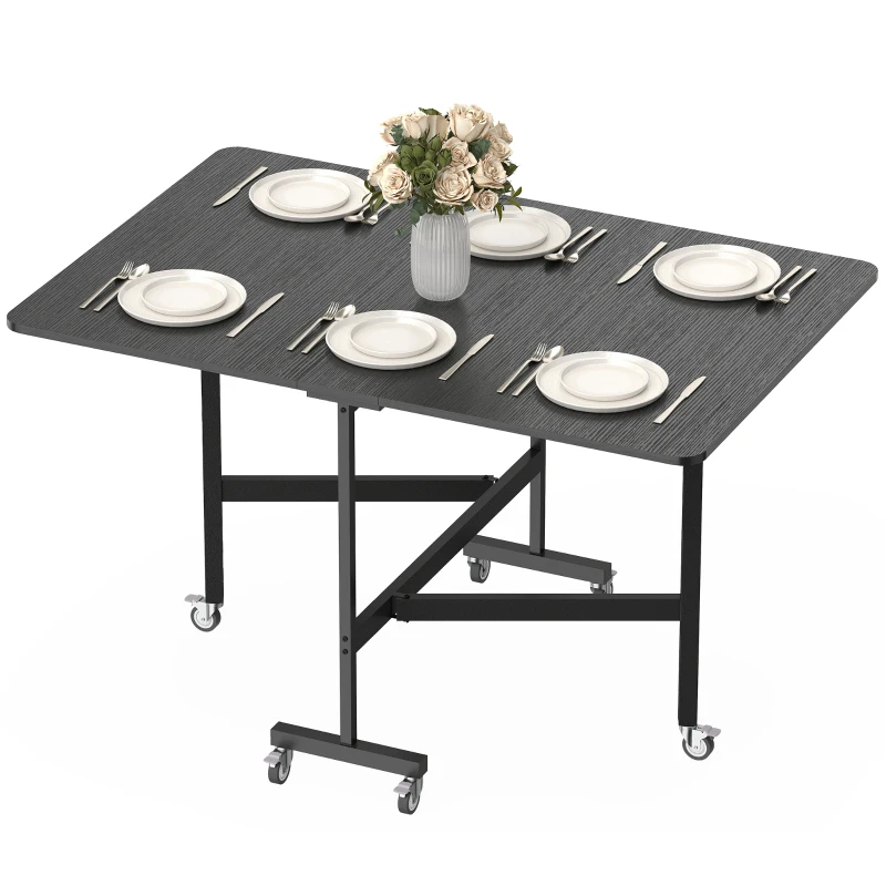HOMCOM Table à Manger Pliante sur Roulettes pour 4-6 Personnes 120 cm, Roues avec Freins, 2 Abattants, Industriel, Noir