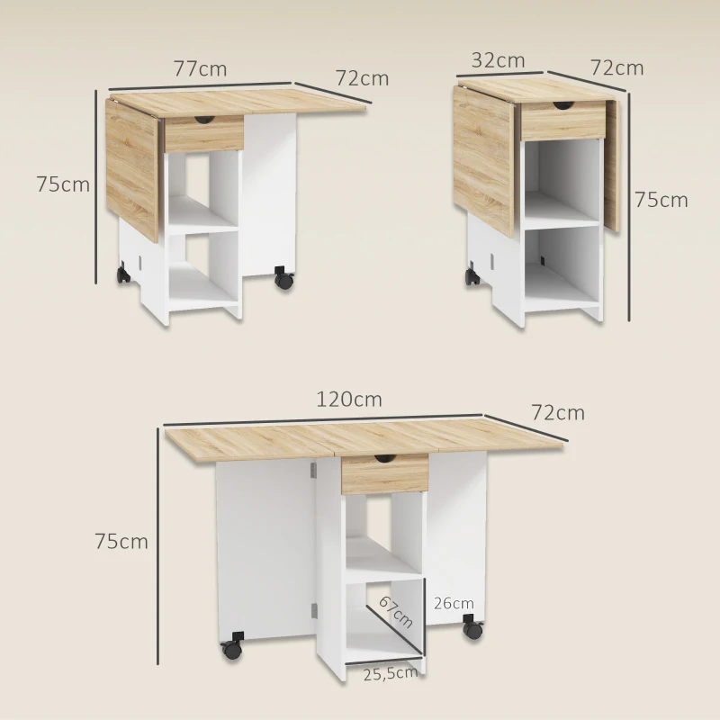 HOMCOM Table à manger pliante table de cuisine extensible pour 2 à 4 personnes 2 abattants 120 x 72 x 75 cm chêne