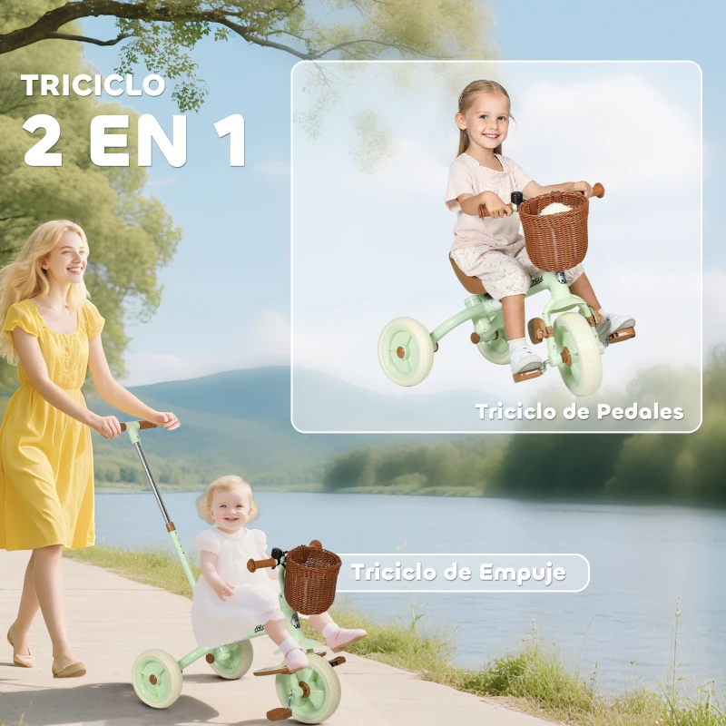 AIYAPLAY Triciclo para Bebés 2 en 1 para 2-5 Años con Barra Parental Pedales Antideslizantes, Reposapiés Plegables y Cesta Verde