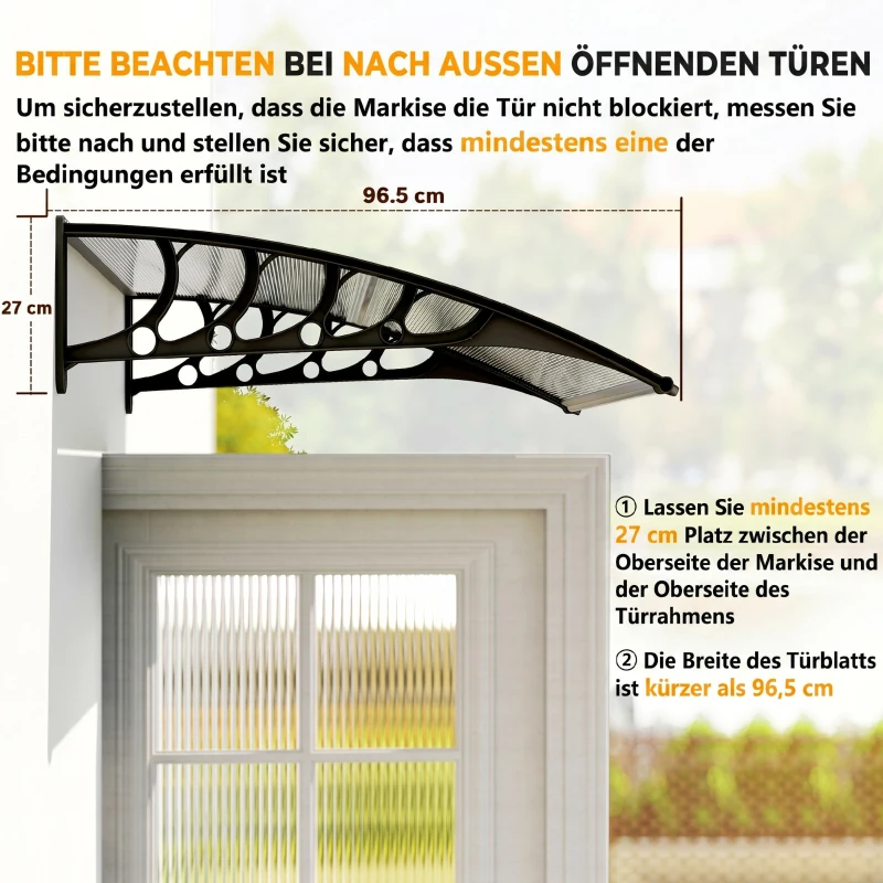 Outsunny Vordach für Haustür/Fenster, wetterfest, transparent, Aluminium-Verbindungstangen/Polycarbonat, 103x96,5x27cm, Schwarz