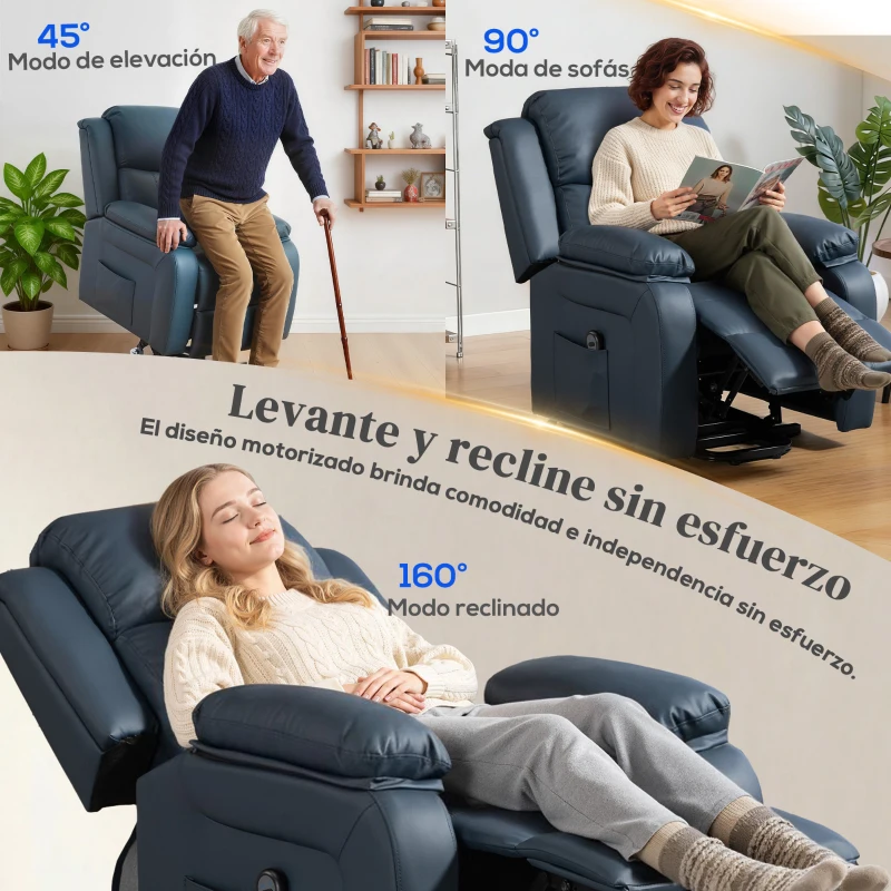 HOMCOM Sillón Relax Levanta Personas Sillón Elevador con Control Remoto Reclinación Eléctrica 160° Reposapiés 76x90x105cm Azul
