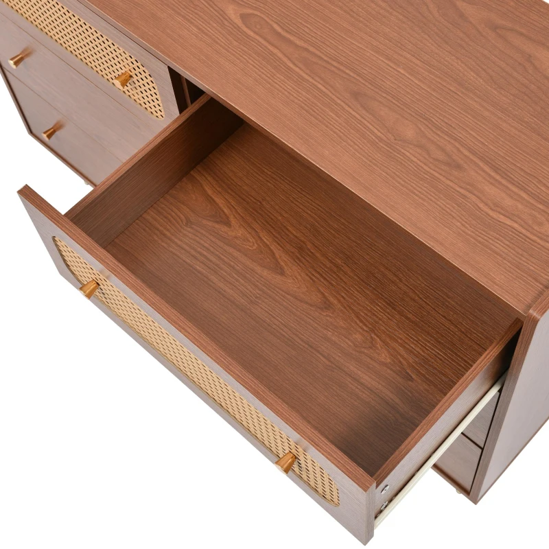 Rattan Sideboard Cabinet with 2 Perforated Rattan-Front Drawers, Walnut 6-Drawer Dresser for Lounge or Dining Areas, 120L x 40W x 90H cm, Walnut