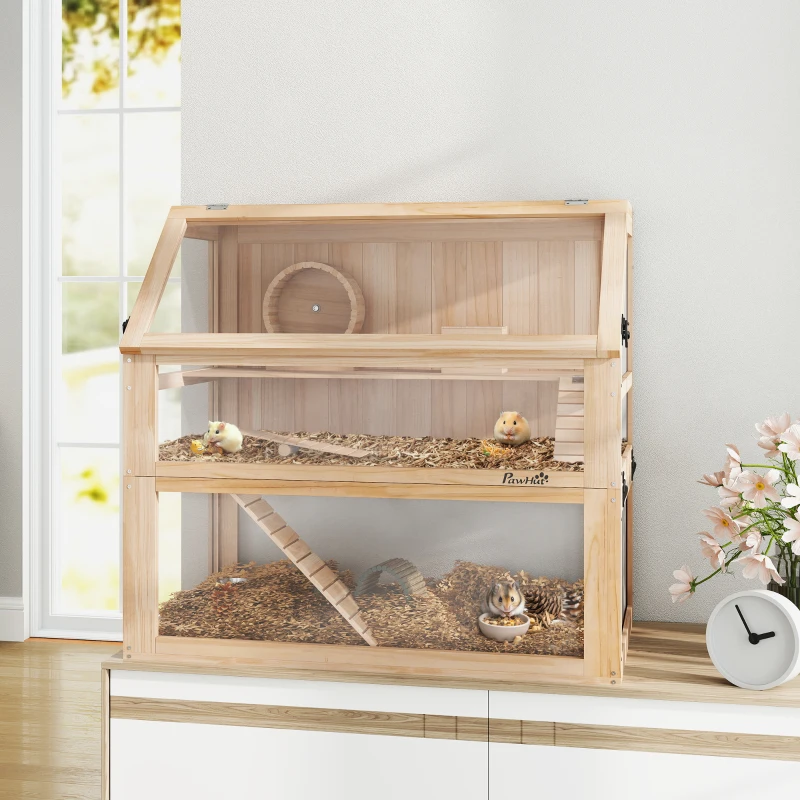 PawHut Hamsterkäfig aus Holz 3 Etagen Nagarium Nagerkäfig mit klappbarem Deckel Laufrad 80 x 50 x 76 cm Naturholz(m-10)