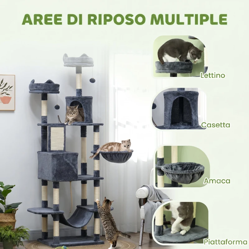 PawHut Tiragraffi per Gatti Alto 206 cm con 4 Pali Graffiatoi, Grotte, Cesti, Amache, per 1-3 Gattini 6 kg, Grigio Scuro