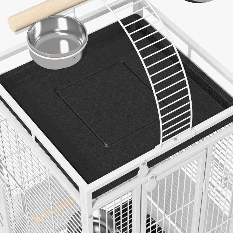 PawHut Vogelkäfig, Papageienkäfig mit 3 Türen, 2 Sitzstange, 360° Rollen, Futternapf, Ablage, Freisitz, 62,5x62,5x156cm, Weiß