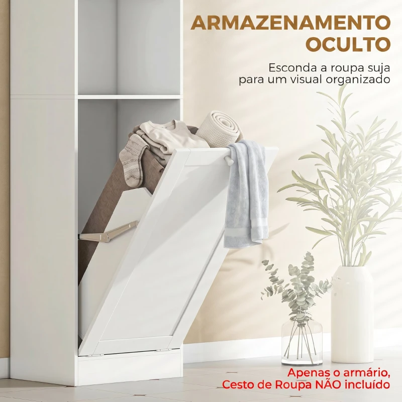 HOMCOM Armário de Casa de Banho com Cesto de Roupa Suja, Prateleira Ajustável e Compartimento Aberto, 40x30x170 cm, Branco