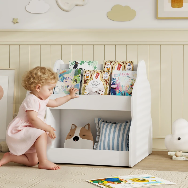 AIYAPLAY Kinderregal, 2-stöckiges Kinder-Bücherregal mit Rädern, 4 Regalen, für Kinderzimmer, Spielzimmer, 54x50x56 cm, Weiß