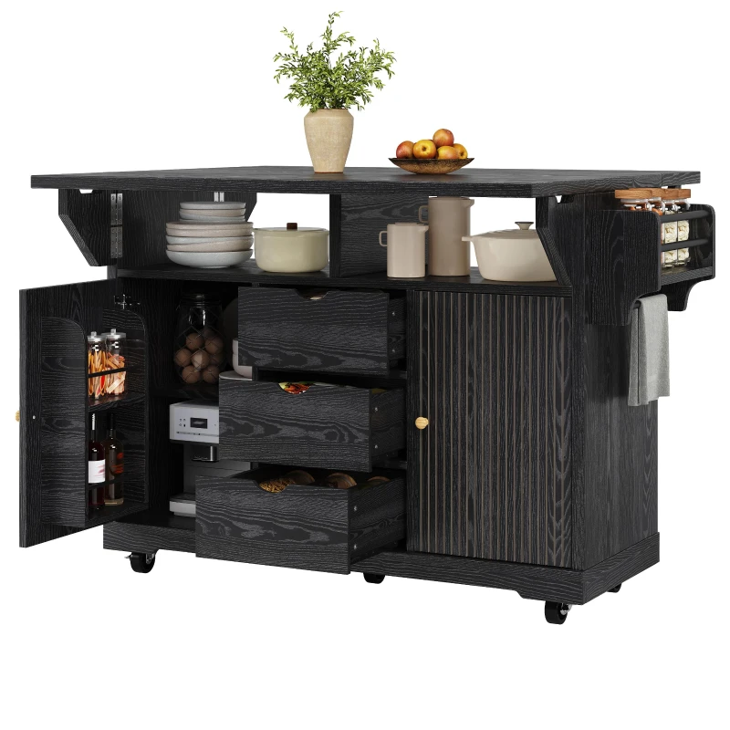 Foldable Serving Trolley with Ample Hidden Storage, Mobile Kitchen Island for Balconies or Dining Room, 142.5L x 40W x 95H cm, Black