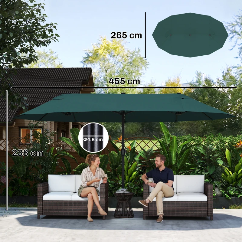 Outsunny Ombrellone da Giardino Doppio con Apertura a Manovella, in Acciaio e Poliestere, 455x265x238cm, Verde Scuro