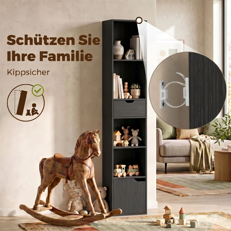 HOMCOM 6-Fach Bücherregal mit Schublade und verstellbarem Fach, freistehender Aufbewahrungsschrank, 30 x 24 x 158 cm, Schwarz
