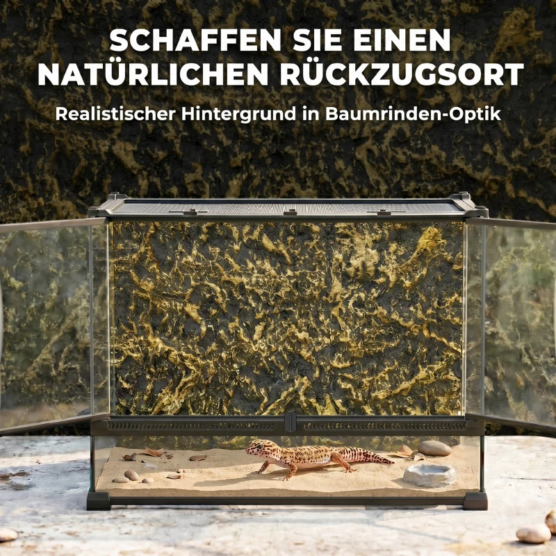 PawHut Terrarium voor reptielen Glazen terrarium 48L met voorventilatie stenen achterwand draaivergrendeling 50 x 30 x 35 cm Zwart