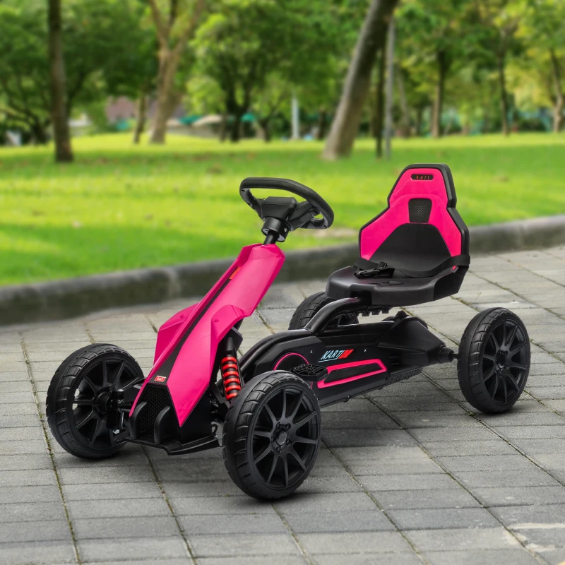 HOMCOM Gokart, kindervoertuig met verstelbare zitting, trapvoertuig, trapauto met handrem, 3-8 jaar, Buiten, Roze(m-10)