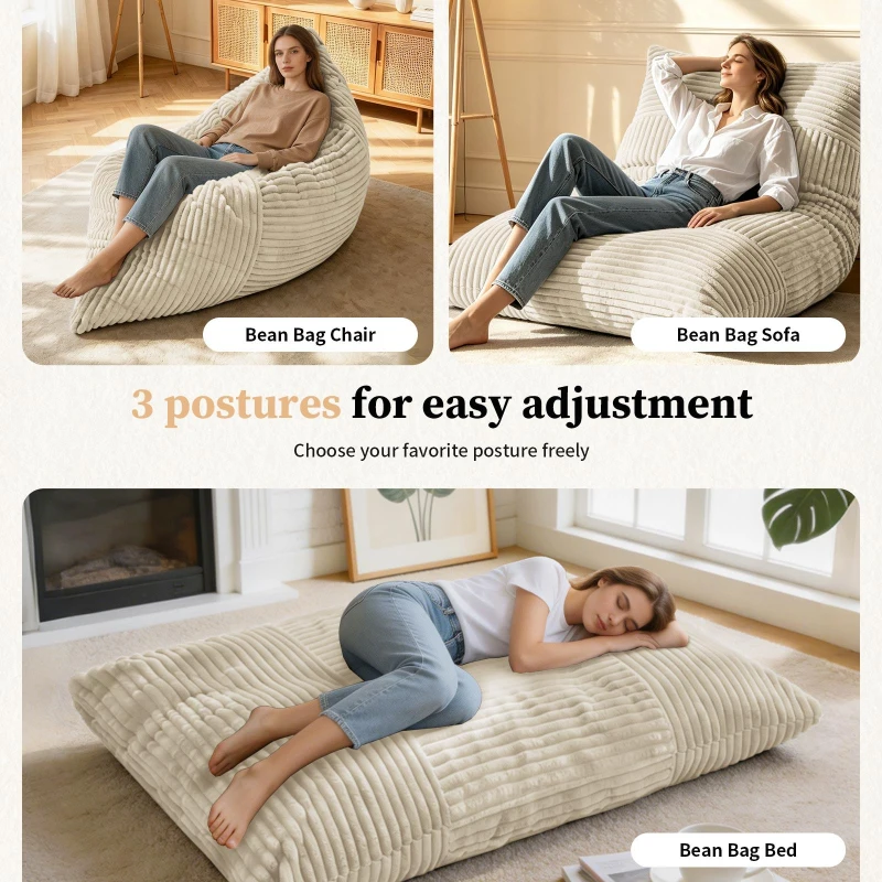 3-in-1 Convertible Bean Bag with Soft Ribbed Corduroy Cover, Memory Foam Floor Mattress Bed with Machine-Washable Cover, 180L x 125W cm, White