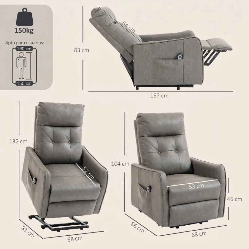HOMCOM Sillón Relax Reclinable Eléctrico Levanta Personas de Cuero PU Control Remoto Asiento con Resorte Reposapiés Gris