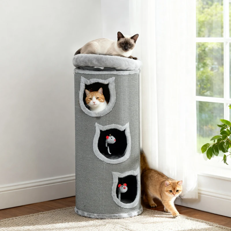 PawHut Katzenkratzfass, 96 cm, 4-Ebenen-Katzenturm mit waschbarem Bett, 3 Schlafhöhlen, Hängespielzeug, für mehrere Katzen Grau