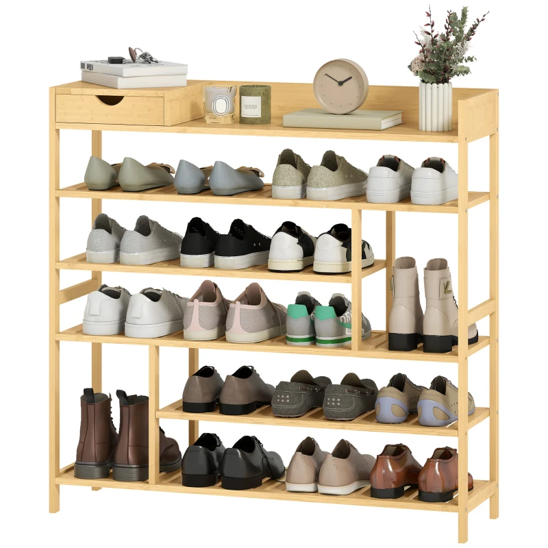 HOMCOM Schoenenrek, Schoenenhouder met 6 niveaus, Lade van bamboe, voor max. 18 paar schoenen, Schoenplank voor entree, slaapkamer, 101 x 30 x 100 cm, Natuur