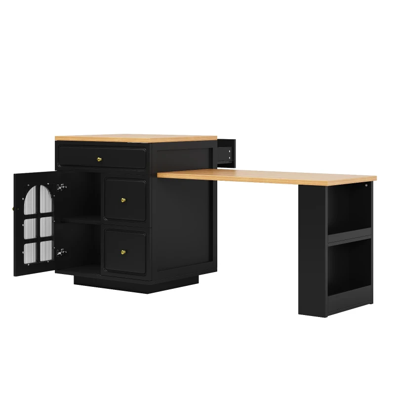 Extendable Bar Table with Arched Tempered Glass Doors, Space-Saving Dining Table for Kitchen or Living Space, 195.5L x 70W x 93.5H cm, Black