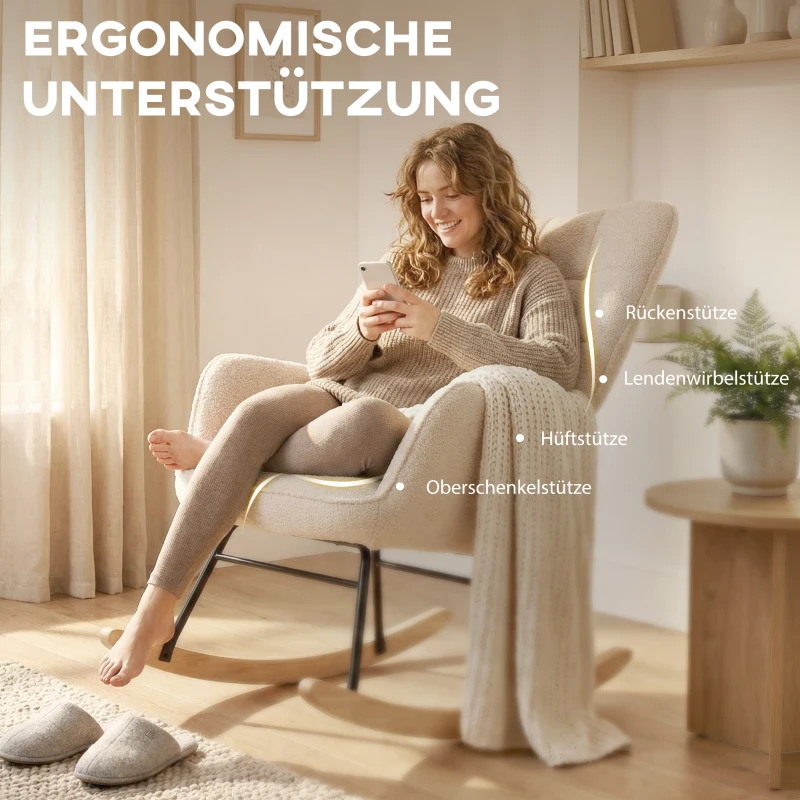HOMCOM Schaukelstuhl im Retro-Design, Massivholz, Sessel, Relaxsessel, 98 cm x  71 cm x 101 cm, Beige(m-5)
