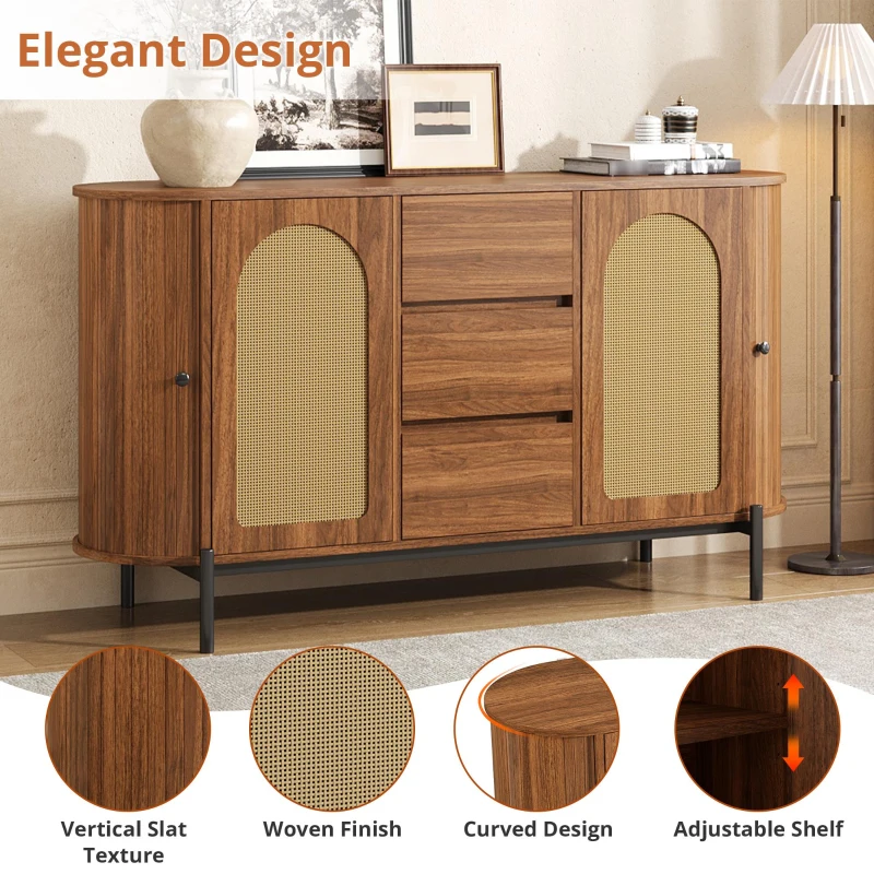 Spacious Sideboard with 3 Drawers and Adjustable Shelves, Stylish Cabinet for Living Room or Entryway, 140L x 38W x 77.5H cm, Walnut