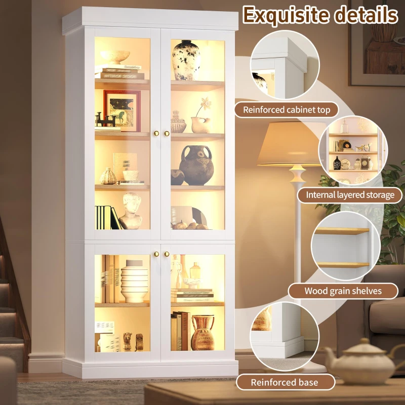 Modern Display Cabinet with Integrated LED Mood Lighting, Adjustable-Shelf Tall Bookcase for Industrial Interiors, 80L x 40W x 180H cm, White