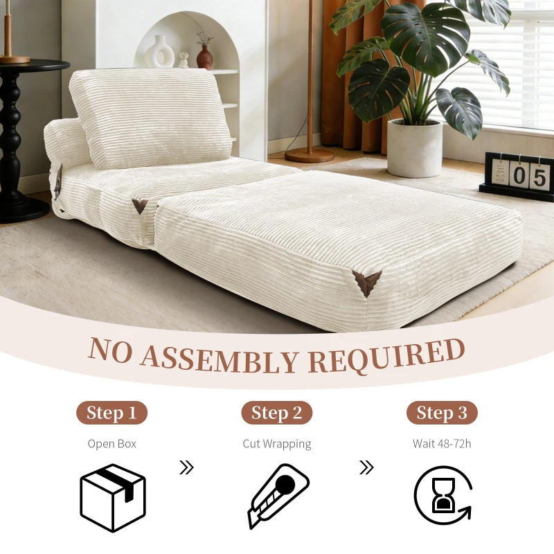 3-in-1 Convertible Corduroy Floor Sofa Bed with Side Pockets, Oversized Chaise Lounge with High-Density Sponge, 87L x 86W x 40H cm, White
