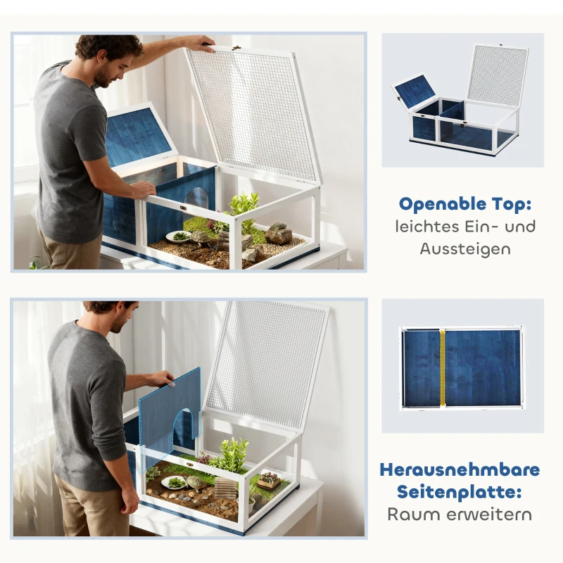 PawHut Schildkrötenhaus aus Holz Schildkrötengehege mit Haupthäusern aufklappbarem Oberseite 91x60,5x32 cm, Blau