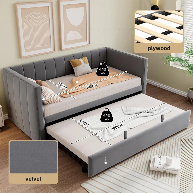 Space-Saving Daybed with Pull-Out Trundle, Ideal Bed Frame for Studios, Living Rooms, or Multi‑Purpose Guest-Spaces, 200L x 140W x 100H cm, Grey