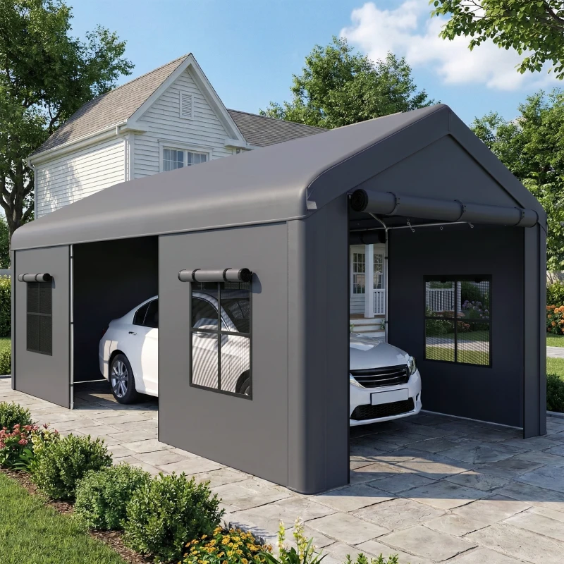 Outsunny 3 x 6 m Heavy Duty Carport, Portable Garage Car Canopy Tent with Galvanised Frame, Doors, Windows, Dark Grey