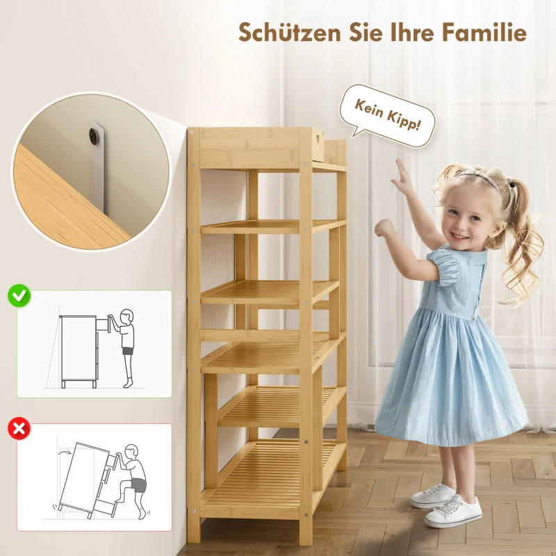HOMCOM Schoenenrek, Schoenenhouder met 6 niveaus, Lade van bamboe, voor max. 18 paar schoenen, Schoenplank voor entree, slaapkamer, 101 x 30 x 100 cm, Natuur