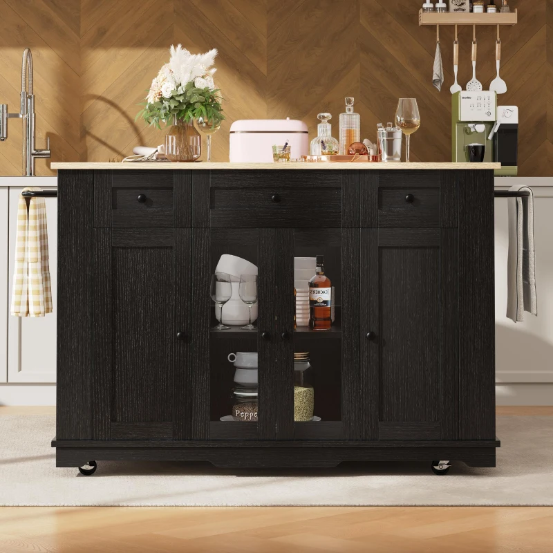 Stylish Kitchen Island with Foldable Worktop and Dining Extension, Space-Saving Dining Cart for Cosy Flats, 151.5L x 60W x 91.5H cm, Black