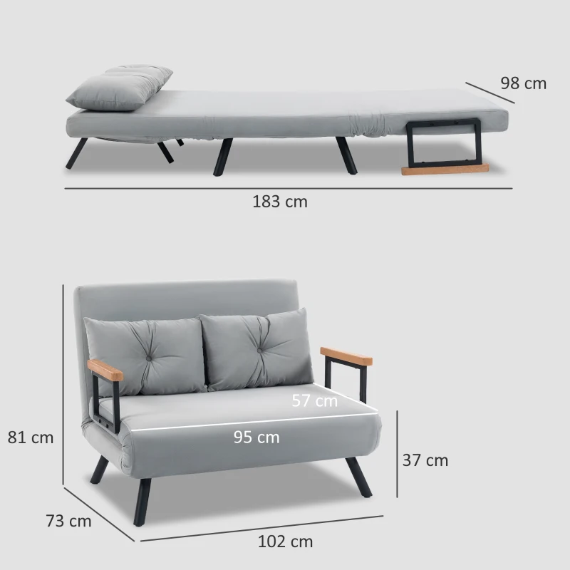 HOMCOM Sofá Cama Convertible 4 en 1 Sofá Cama 2 Plazas Plegable Respaldo Ajustable de 5 Niveles Almohadas 102x73x81cm Gris