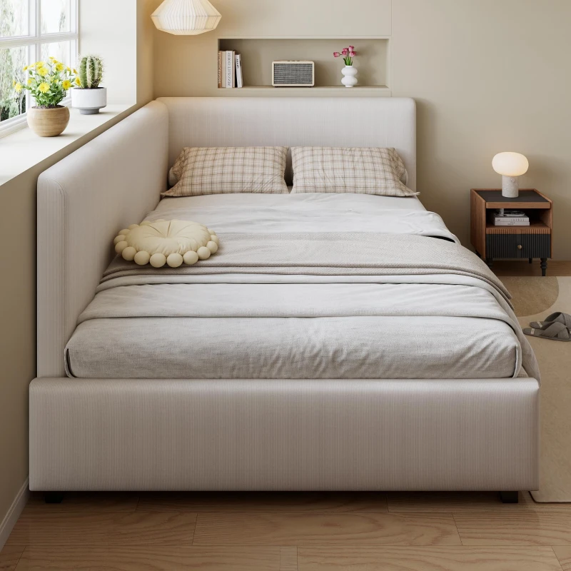 4ft6 Double Bed with Integrated Side Rails, Ideal Bed Frame for Children and Elderly Users, 194L x 146.5W x 82.5H cm, Beige
