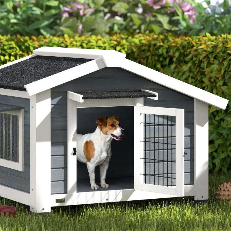 PawHut Caseta para Perros Exterior de Madera Casa para Perros Medianos con Techo Asfático Suelo Extraíble 98x76x69,5 cm Gris