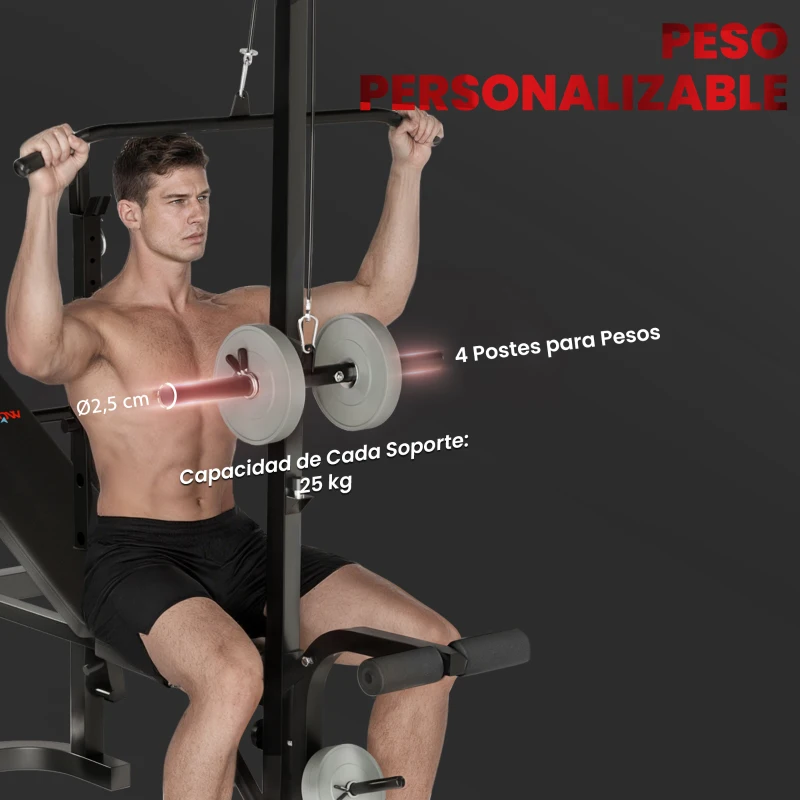 SPORTNOW Banco de Musculación con Soporte para Barra Ajustable Extensión de Piernas Curl de Predicador y Mariposa para Gimnasio