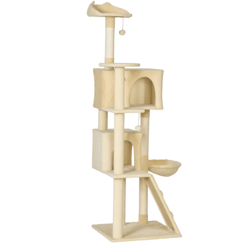 PawHut Árbol Rascador para Gatos 180 cm con Plataformas Cama 2 Cuevas Hamaca Escalera Postes de Sisal Beige