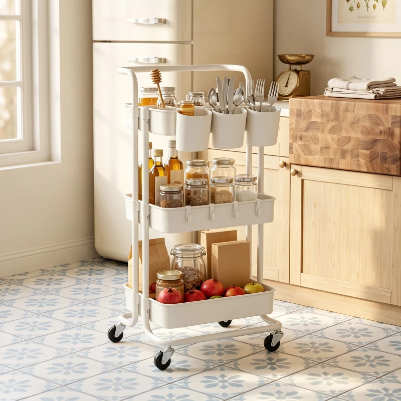 HOMCOM Three-Tier Home Trolley, with Handle and Wheels - White