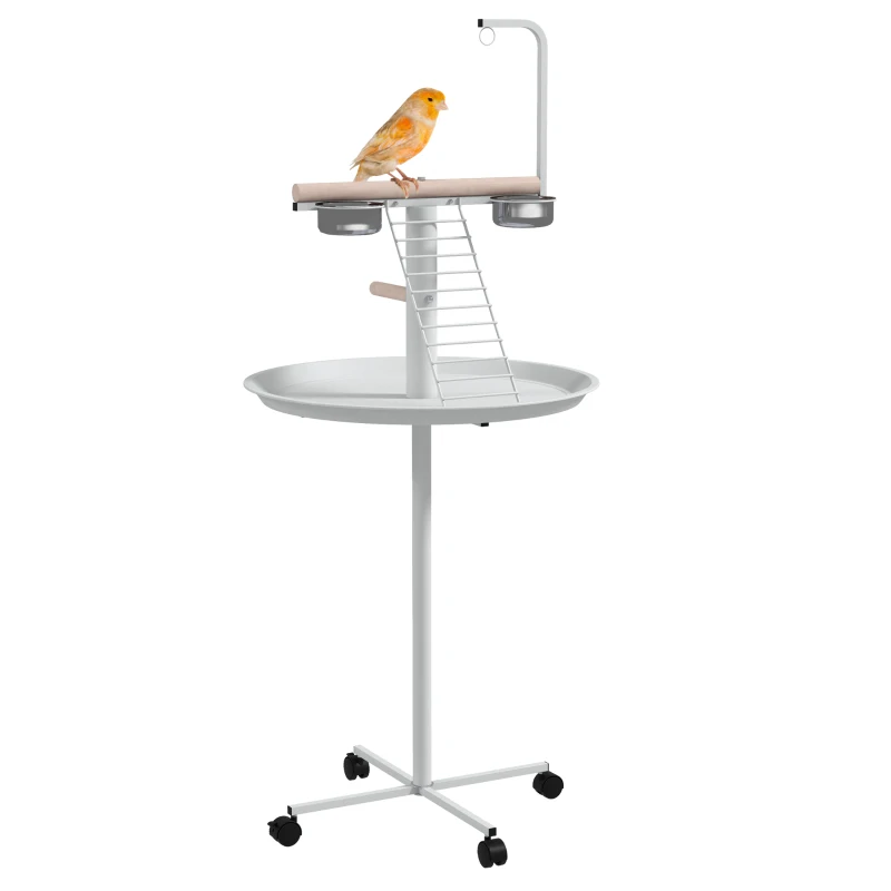 PawHut Anflugstange Freisitz für Papageien Sitzstange, 1 Leiter, 1 Schaukel, Futternäpfe, 60 x 60 x 138 cm, Weiß + Natur