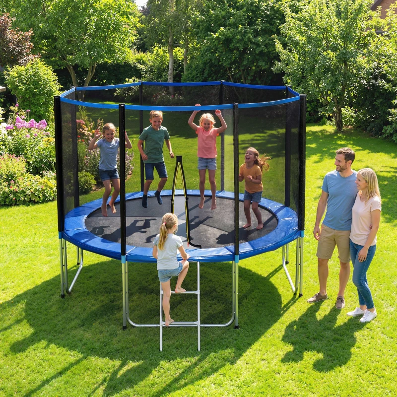 SPORTNOW Cama Elástica Exterior Ø366 cm Trampolín para Niños con Red de Seguridad Escalera y Acolchado de Muelles Azul