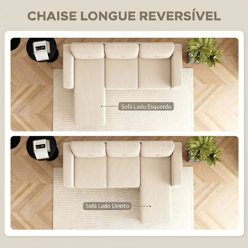 HOMCOM Sofá Chaise Longue Reversível de 3 Lugares Estofado em Veludo Estrutura de Aço Para Salas Pequenas Creme
