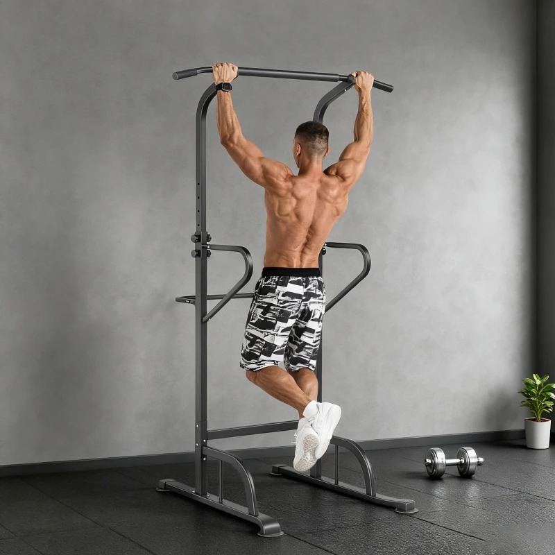 HOMCOM Power Tower Dip Station Pull Up Bar Multi-Function Push Up Equipment with Adjustable Height for Home Gym Strength Training Workout Fitness