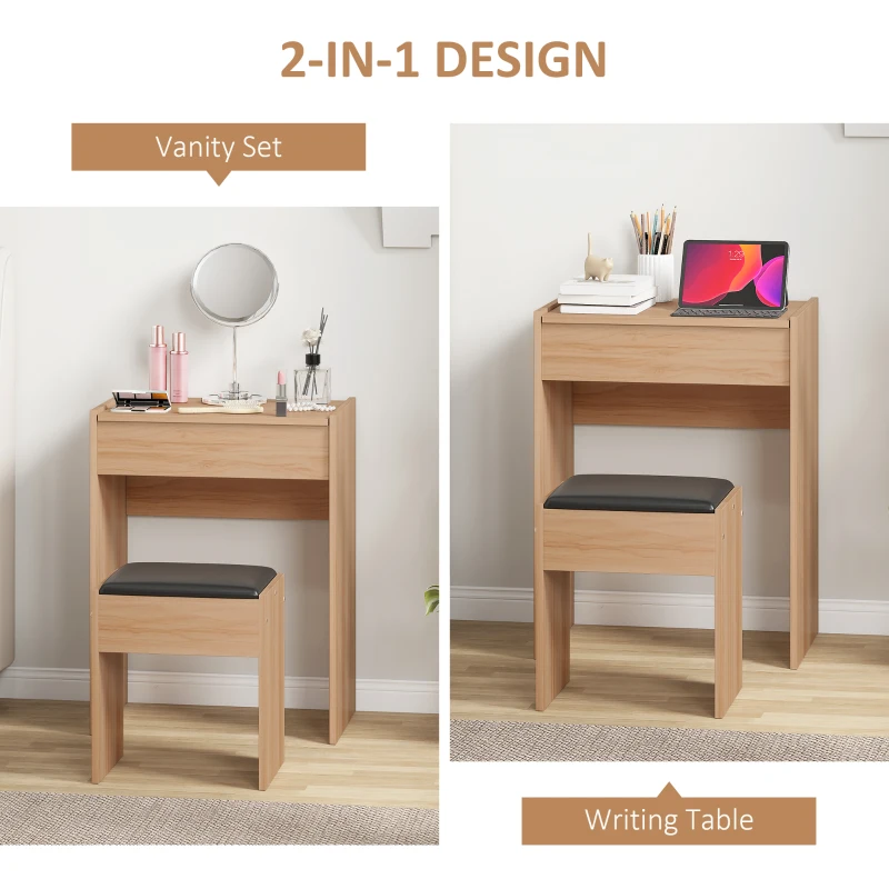 HOMCOM Dressing Table with Mirror and Stool, Vanity Makeup Table with Flip Up Mirror, Vanity Desk with Storage Unit and Padded Seat, Wood