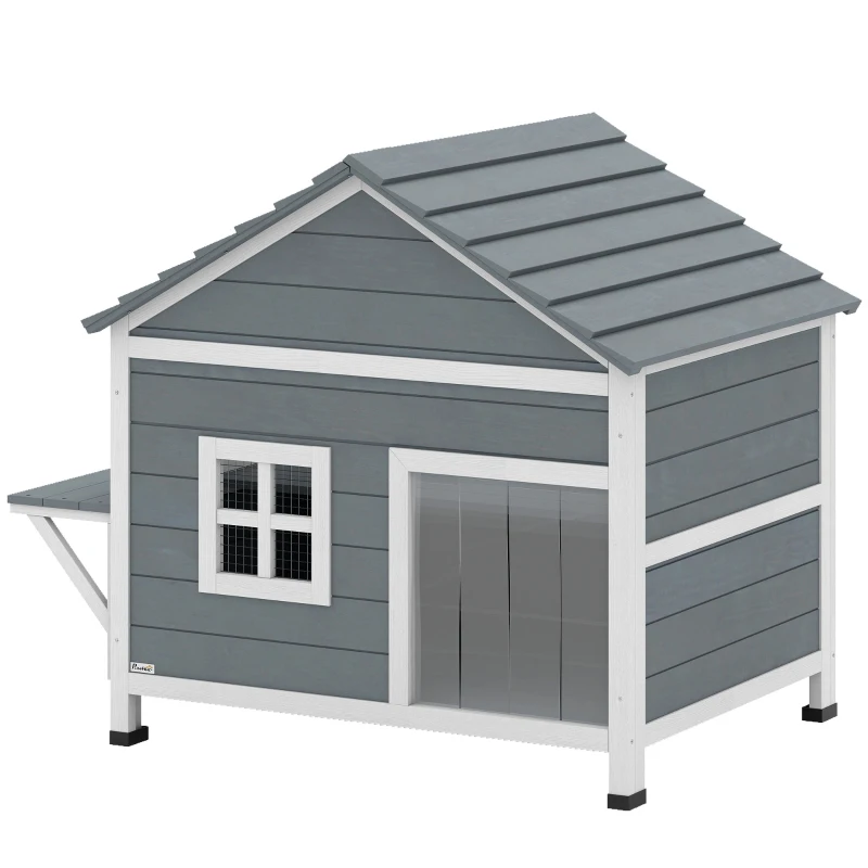 PawHut Katzenhaus aus Holz 2-Etagen Katzenhöhle mit wasserdicht aufklappbar Dach, seitlicher Plattform, 101x72,5x81cm, Grau