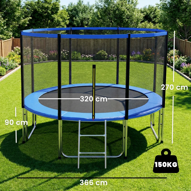 SPORTNOW Cama Elástica Exterior Ø366 cm Trampolín para Niños con Red de Seguridad Escalera y Acolchado de Muelles Azul