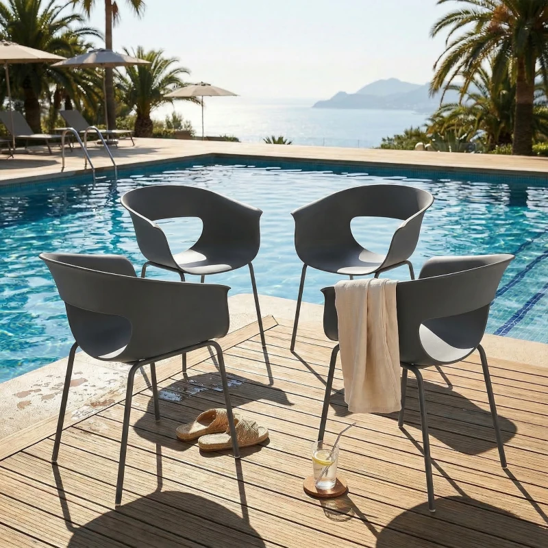 Outsunny Set 4 Scaune de Grădină, cu Brațe și Spătar Perforat, din PP și Metal, 61x51x74 cm, Gri Închis