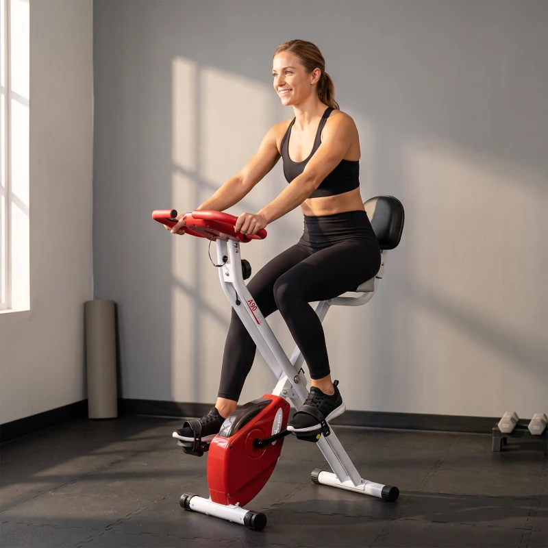 HOMCOM Cyclette Pieghevole da Fitness in Acciaio, Cyclette Magnetica Pieghevole da Casa con Altezza Regolabile, Resistenza Magnetica a 8 Livelli, Schermo LCD, 43x97x109cm, Rosso