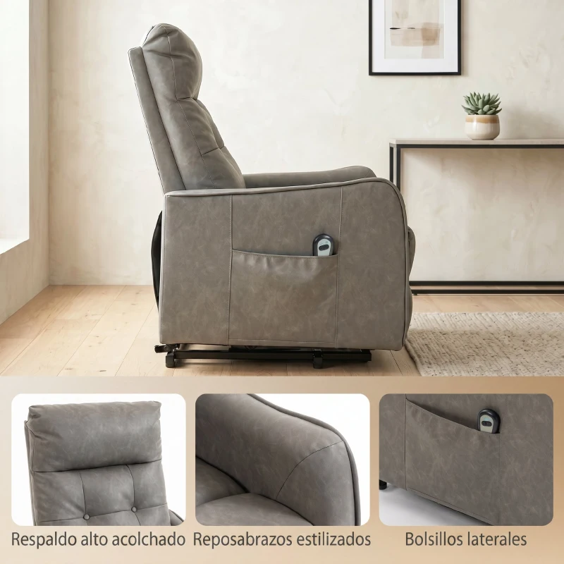 HOMCOM Sillón Relax Reclinable Eléctrico Levanta Personas de Cuero PU Control Remoto Asiento con Resorte Reposapiés Gris
