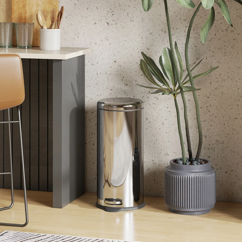 HOMCOM Cubo de Basura con Apertura a Pedal Basurero Automático Cierre Interno Extraíble con Volumen de 30 L Acero Inoxidable Ф29,2x62,9 cm Plateado